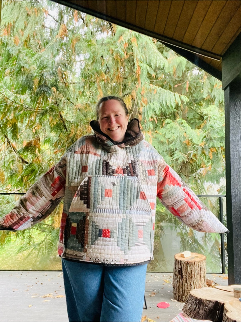 Handmade pottery barn cabin log QUILT hoodie OS